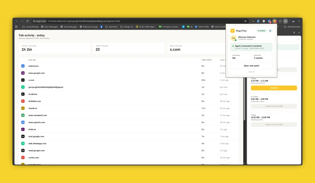 HugoTime - Browser Activity Tracking & Remote Fleet Management, Built with WXT and NestJS