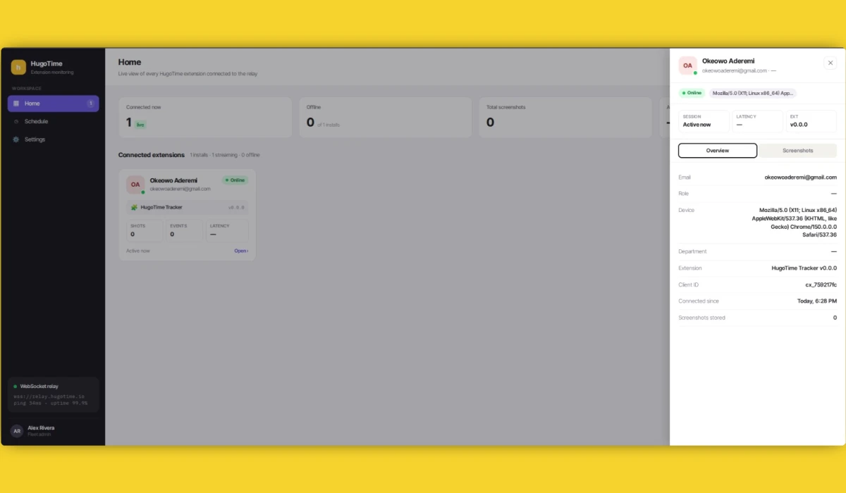 HugoTime - Browser Activity Tracking & Remote Fleet Management, Built with WXT and NestJS