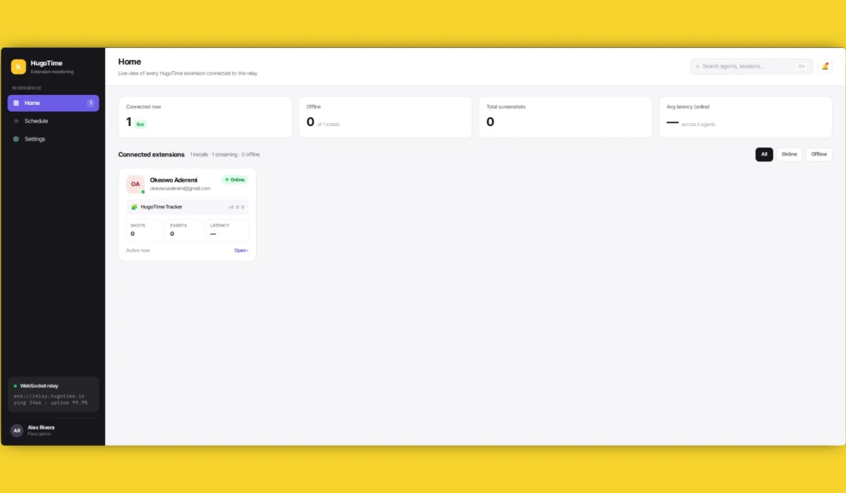 HugoTime - Browser Activity Tracking & Remote Fleet Management, Built with WXT and NestJS
