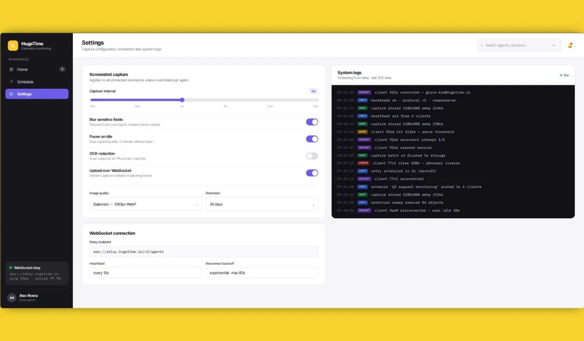 HugoTime - Browser Activity Tracking & Remote Fleet Management, Built with WXT and NestJS