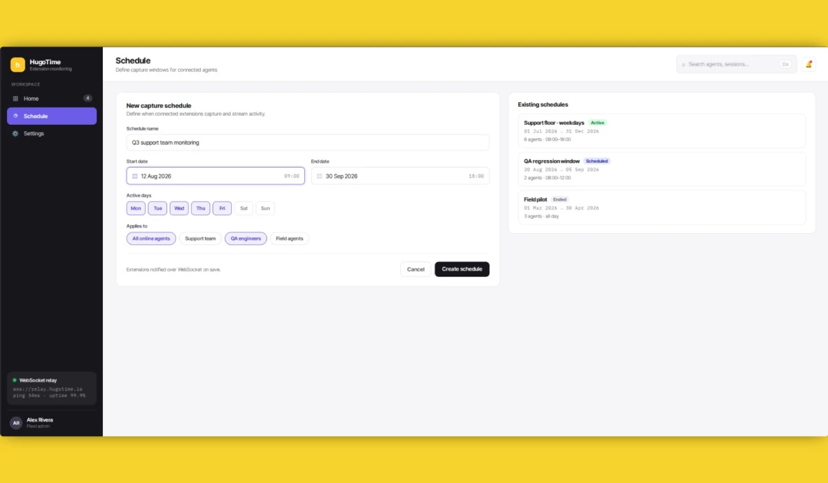 HugoTime - Browser Activity Tracking & Remote Fleet Management, Built with WXT and NestJS